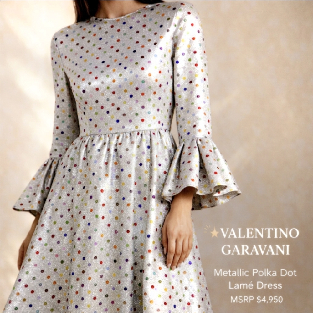 Valentino Garavani Elegant Lamé Maxi Silver Metallic Dress Colored Polka Dots